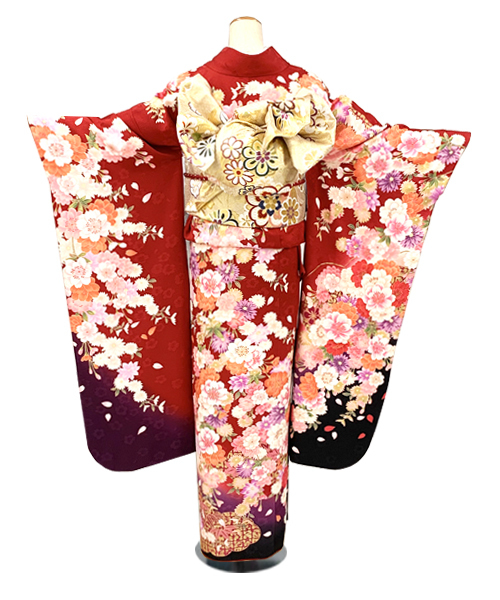 【全国往復送料無料】
成人式フルセットレンタル
155～164cm用【ANB_32 赤地・八重桜】