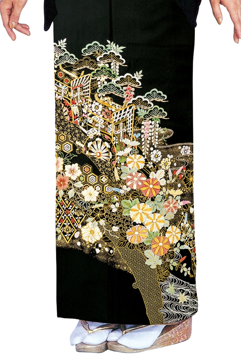 【全国往復送料無料】フルセットレンタル
留袖【6360 手刺繍 松と菊に御所車】
普通巾(146～163cm/～13号まで)