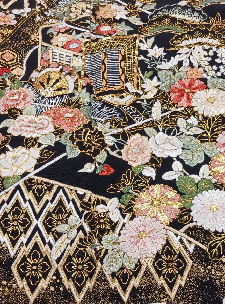 【全国往復送料無料】フルセットレンタル
留袖【6357 手刺繍 御所車に四季花と松】
普通巾(146～163cm/～13号まで)